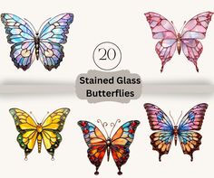 six different colored butterflies with the words stained glass butterflies written in white and black letters