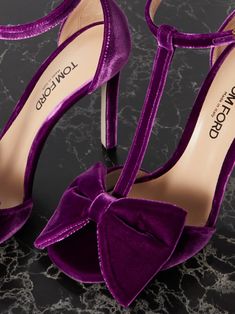 Purple Brigitte bow-embellished velvet sandals | TOM FORD | NET-A-PORTER Velvet Sandals, Chic Heels, Shoe Gallery, Velvet Heels, Fancy Shoes, Kinds Of Shoes, Gorgeous Shoes, Carrie Bradshaw, Fabulous Shoes