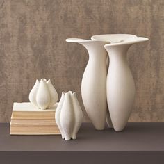 three white vases sitting next to each other on top of a table with books