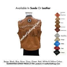 a brown leather vest with fringes on the front and side, in different colors