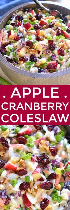 an apple cranberry coleslaw is in a pan