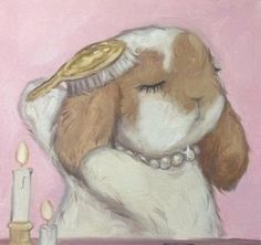 a painting of a dog sitting at a table with a lit candle in front of it