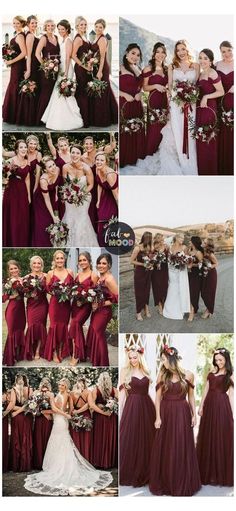 the bride and her bridal party are all dressed in burgundy dresses with matching bouquets