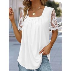 Season:Summer,Spring; Fabric:Polyester; Sleeve Length:Short Sleeve; Look After Me:Wet and Dry Cleaning,Washable,Machine wash; Gender:Women's; Style:Basic; Elasticity:Micro-elastic; Tops Type:Lace Shirt,Shirt,Blouse; Occasion:Casual; Details:Without Lining; Top Length:Regular; Fit Type:Regular Fit; Pattern:Plain; Design:Lace; Neckline:Square Neck; Brand:Shall We; Front page:FF; Listing Date:04/06/2023; Production mode:External procurement; Bust:; Length:; Sleeve:; Fit US Size:null; Fit UK Size:nu Women Lace Blouse, Linen Fashion, 60 Fashion, Short Sleeve Pattern, Casual Tops For Women, Sleeves (women), Casual Pullover, Botswana, Casual Shirt