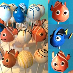 an assortment of cake pops with different types of fish on them