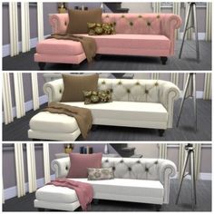 three different views of a couch with pillows on it and the same one in color