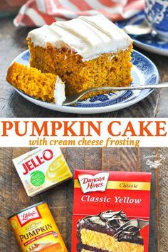 pumpkin cake with cream cheese frosting on a blue and white plate next to two packages of jello