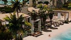 an artist's rendering of a tropical beach resort with palm trees and cabanas