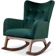 a green velvet rocking chair with wooden frame and foot rests on an isolated white background