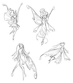 four drawings of fairy girls with long hair and wings