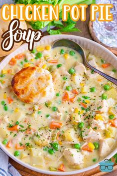 chicken pot pie soup in a white bowl with a spoon on the side and text overlay