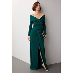 Green jersey (100% Polyester). A-line. Long sleeves. Off the shoulder. Back zipper closure. See size and fit notes for length measurements. Imported. Measurement Length, Rent The Runway, Wrap Around, Zac Posen, Closet Designs, Black Tie, Off The Shoulder, Off Shoulder, Night Out