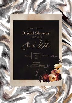 a black and white wedding shower with roses on the front, in gold foiling