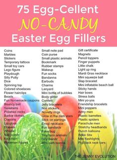 the 75 egg - cellent no - candy easter fillers are shown in this poster