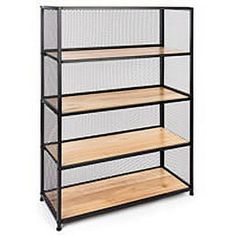 four tiered shelving unit with wooden shelves and mesh doors, black frame / natural wood