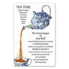 an advertisement for tea time featuring a blue teapot pouring tea into a cup