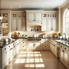 a large kitchen with white cabinets and wood flooring, along with an arched window