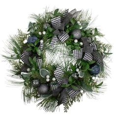 a christmas wreath with ornaments and greenery