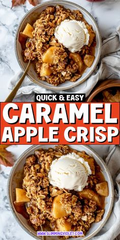 two bowls filled with apple crisp on top of a table