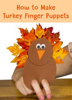 a turkey finger puppet made out of paper with leaves on it and the words how to make turkey finger puppets