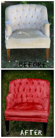 before and after photos of an old couch with red velvet upholstered on it