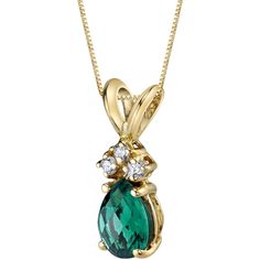 PRICES MAY VARY. CLASSIC SOLITAIRE GOLD PENDANT FOR WOMEN - We've taken the timeless solitaire favorite and gave it a colorful twist with our Peora 14K Gold Pendants Collection. Featuring Peora Created Emerald, Pear Shape, 7x5mm, 0.6 Carat with its signature rich Forest Green hue for a luxurious glow. Handcut checkerboard faceting, punctuated with Past, Present and Future genuine Round Brilliant Cut Diamonds, 0.06 Carat total, set in 14 Karat Yellow Gold for maximum sparkle. EXCEPTIONAL QUALITY Jewelry Questions, Shine Jewelry, Emerald Pendant, Gemstone Jewellery, Special Jewelry, Emerald Gemstone, Leaf Pendant, Diamond Pendant Necklace, Belle Epoque