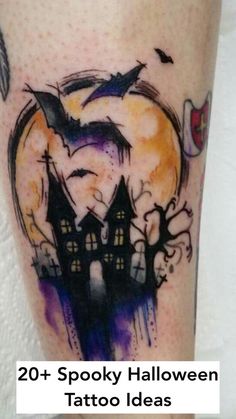 halloween tattoo designs with spooky houses and bats on the legs for womens