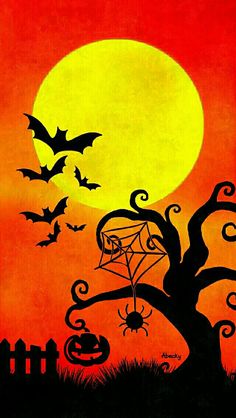 a halloween scene with bats and pumpkins