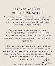 a prayer card with the words prayer against monitoring spirits