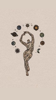 a drawing of a woman in the air surrounded by planets, stars and suns