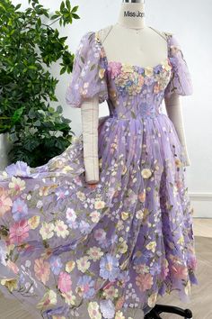 Lavender Corset Dress, Simple Birthday Dress Ideas, Floral Print Puff Sleeve Wedding Dress, Lavender Floral Applique Dress For Spring, Lavender Fitted Organza Dress, Fitted Lavender Organza Dress, Puff Sleeve Organza Dress For Garden Party, Organza Puff Sleeve Dress For Garden Party, Purple Formal Dress With Floral Embroidery