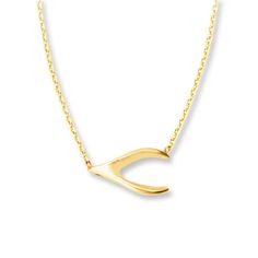 A sideways wishbone fashioned in 14K yellow gold suspends between cable chains in this stylish necklace for her. The necklace adjusts between 16 to 18 inches in length, and secures with a lobster clasp. Jewelry Education, Jewelry Advice, 14k Yellow Gold Necklace, Necklace For Her, Yellow Gold Necklace, Kay Jewelers, Diamond Guide, Stylish Necklace, White Gold Necklaces