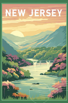 a poster with the words new jersey in front of a river and mountain range at sunset