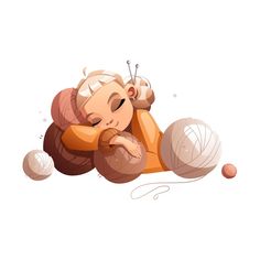 a cartoon character laying on the ground next to balls of yarn