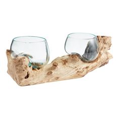 two glasses sitting on top of a piece of driftwood