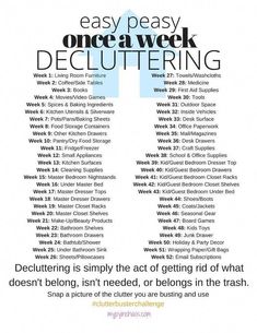 a poster with the words, easy peasy once a week decluttering