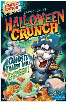 halloween crunch cereal box with ghost's turn mix green