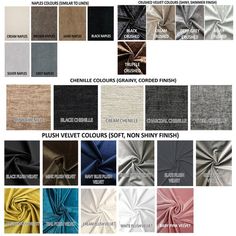 different colors of fabric and the names of each product in this image are labeled below