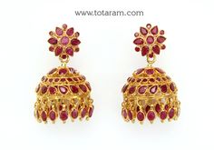 22 karat gold jhumkas (buttalu) - gold dangle earrings with ruby - 235-GJH2449 - in 19.000 Grams for USD $2,247.46 USD. 
Made in India by Totaram Jewelers Online this product is in Gold - 22 Karat BIS Hallmark 916 Gold  & is an excellent gift for Adult - Women. Ships fully insured with secured guaranteed delivery for free with your order over $250 from New Jersey USA & comes with 30 days exchange policy. Luxury Yellow Gold Chandbalis With Intricate Design, Luxury Red Temple Jewelry Chandbalis, 5grams Gold Earrings Jumkas, Ruby Jhumkas Gold, Buttalu Gold, Jhumkas Gold, Gold Jhumkas, 22k Gold Earrings, 22k Gold Jewelry