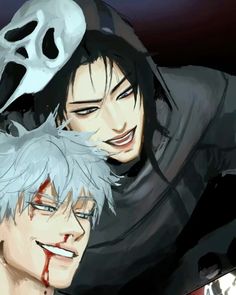 two anime characters with white hair and black eyes