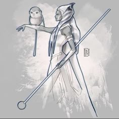 a drawing of an egyptian woman with a bird on her arm, holding a stick