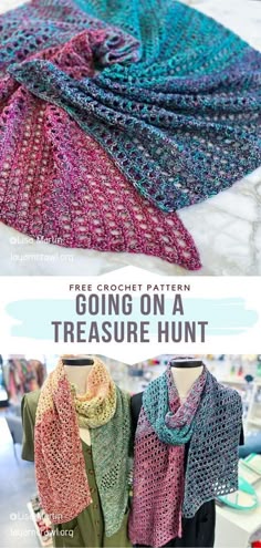 three knitted scarves with text that reads, free crochet pattern going on a treasure hunt