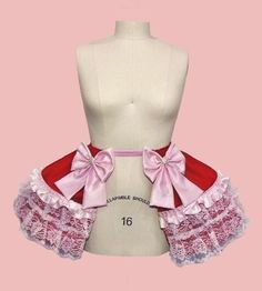 Made in red fabric with pink ruffles and rhinestone button pink bows. Constructed with lightweight boning and has an elastic waistband. This pannier set can be worn with a corsett and ruffle bottoms to create a feminine Marie Antoinette look! Custom color request available. Aphrodite Worship, Valentines Fit, Valentine Accessories, Fancy Fits, Pastel Goth Fashion, Festival Costumes, Pink Bows, Valentines Outfits, Girl Inspiration