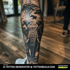 an elephant and trees tattoo on the leg