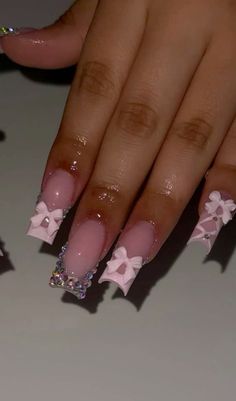 Nails 15 Birthday, Cute Nails School, 16th Birthday Nails Sweet 16, Nails Acrylic Charms, Nails With Bows On Them, Nail Inspo Medium, Sweet 16 Nail Ideas, Bday Nails Ideas, Nail Inspo Light Pink