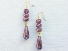 Purple Earrings/Teardrop Earrings/Purple Bronze Earrings/ Bronze Earrings/Glass Earrings/Gift For Her/Lavender Earrings/Dangle Earrings Purple Long Drop Earrings With Ear Wire, Purple Dangle Teardrop Earrings With Ear Wire, Lavender Teardrop Earrings With Ear Wire, Handmade Lavender Crystal Drop Earrings, Purple Drop Earrings With Ear Wire, Purple Czech Glass Earrings For Gift, Purple Long Drop Earrings As Gift, Purple Dangle Teardrop Earrings Gift, Purple Nickel-free Teardrop Dangle Earrings