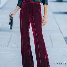 Lasaky - Womens Plus Size High-Rise Flared Leg Trousers: Solid Velvet Fabric and Luxurious Stretch for Effortless Elegance Long Pants Casual, Velvet Flare Pants, Velvet Flares, Office Fashion Women, Fun Pants, Mode Casual, High Waist Fashion, High Waisted Flares, Flare Leg Pants