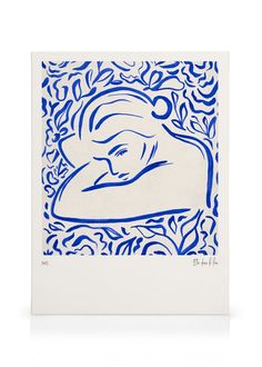 a blue and white drawing of a woman laying down