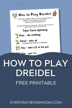 the how to play dreiel printable is shown in front of a blue background