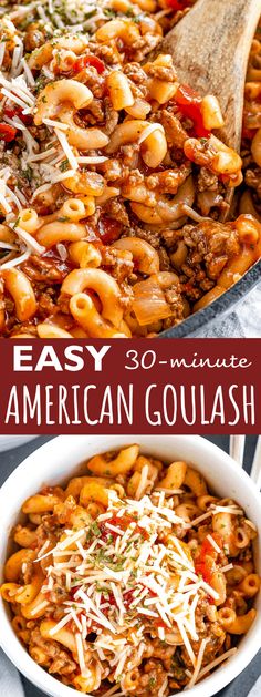 an easy 30 minute american goulash recipe in a white bowl